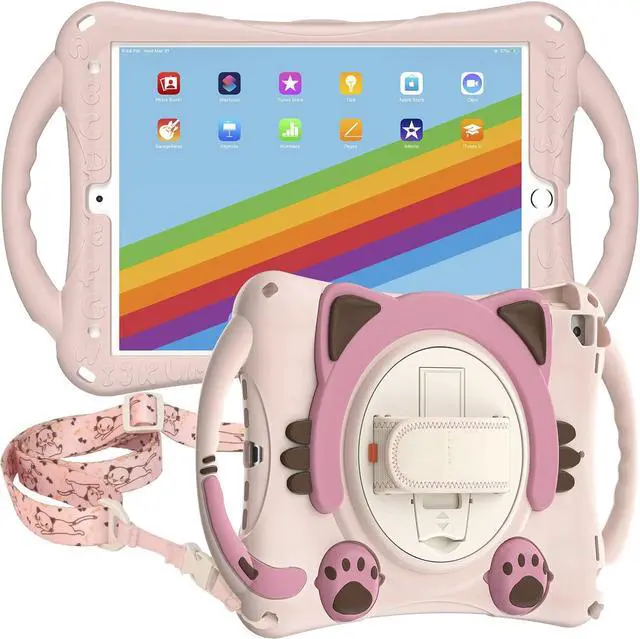 Alt view image 2 of 5 - KIQ Cat Shield Case for iPad 9th Generation Case for Kids, Heavy Duty Cute ipad 10.2 case for Kids 7th 8th Gen w/Stand Shoulder Strap - Pink