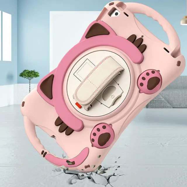 Alt view image 4 of 5 - KIQ Cat Shield Case for iPad 9th Generation Case for Kids, Heavy Duty Cute ipad 10.2 case for Kids 7th 8th Gen w/Stand Shoulder Strap - Pink