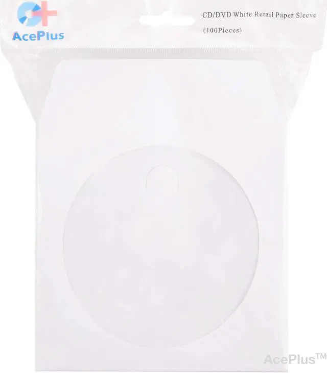 Main image of 1,000 AcePlus CD/DVD White Paper Sleeves with Clear Window and Flap, Sturdy 100 gram Weight; 1 Box = 10 packs x 100-pk Retail Packaging
