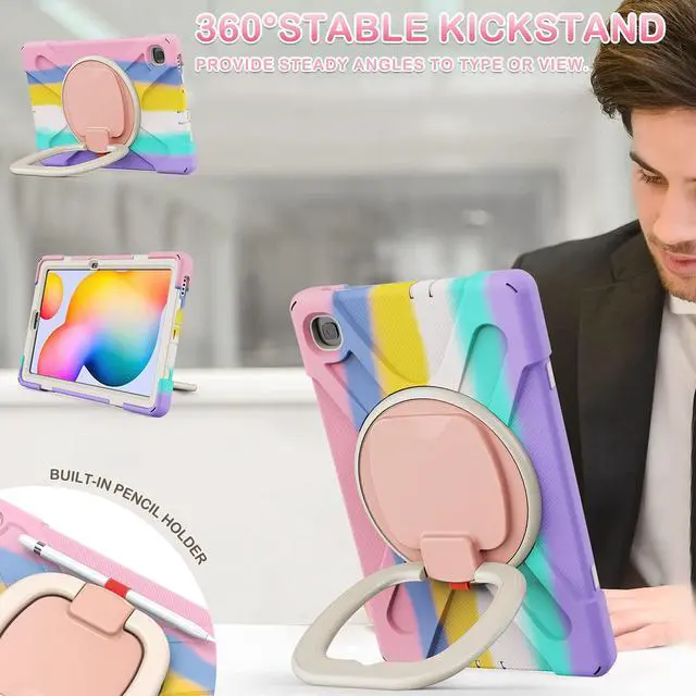 Alt view image 3 of 5 - BATYUE Case for Galaxy Tab S6 Lite 10.4 Inch 2024/2022/2020 with Pen Holder, Shockproof Rugged Cover with 360 Rotating Stand, Shoulder Strap, Handle Grip for Samsung Galaxy Tab S6 Lite, Colourful Pink