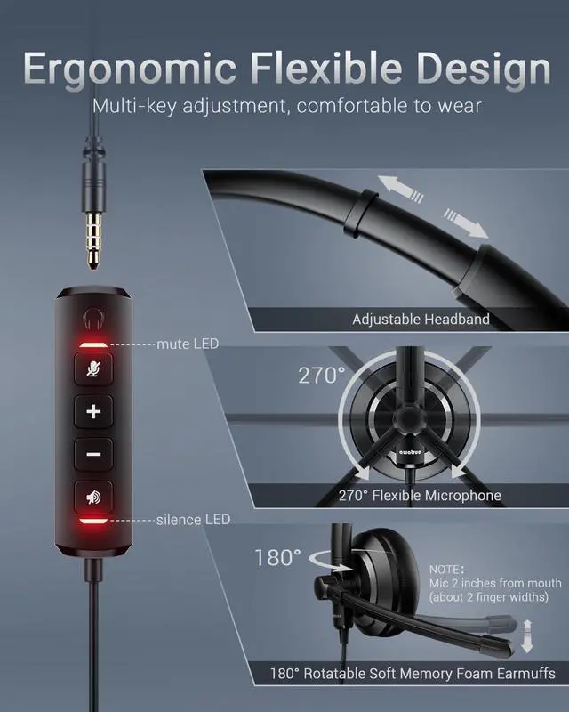 Alt view image 4 of 5 - awatrue Computer USB Headset with Microphone for PC - Headphones with Noise Cancelling Microphone On Ear Wired Headset Mic Mute for WFH Call Center Office Online Class Skype Zoom