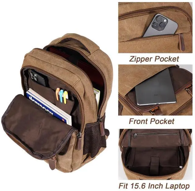 Alt view image 2 of 5 - VAZUOOL Canvas Laptop Backpack, Vintage Daypack for Men Women, Work Travel Rucksack College Bookbag Computer Bag with 15-inch Laptop Sleeve, Brown