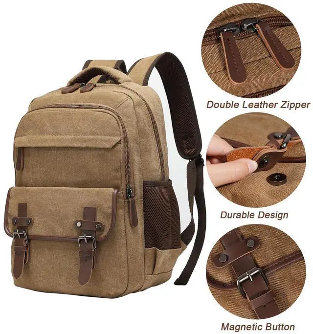 Alt view image 3 of 5 - VAZUOOL Canvas Laptop Backpack, Vintage Daypack for Men Women, Work Travel Rucksack College Bookbag Computer Bag with 15-inch Laptop Sleeve, Brown