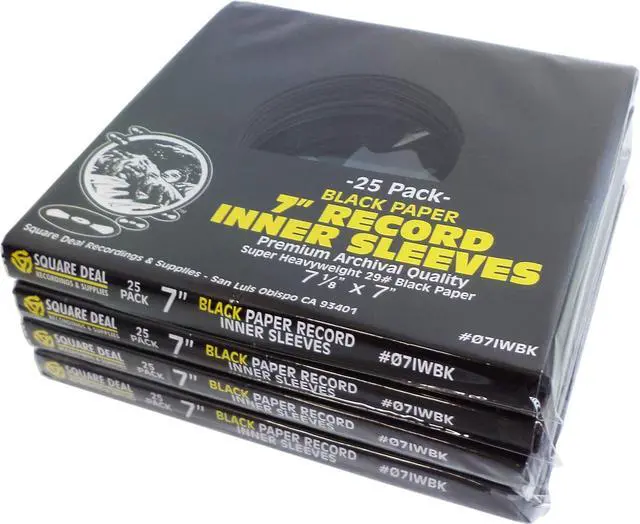 Main image of Square Deal Recordings & Supplies - 7" 45pm Vinyl Record Inner Sleeves - Archival Quality, Super Heavyweight 29# Black Paper with Hole - Set of 100#07IWBK