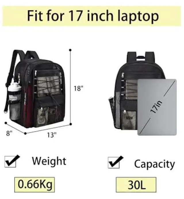 Alt view image 2 of 5 - UEASE Mesh Backpack Heavy Duty for School, 30L Large Mesh Bookbag for Adults, See Through Black School Bag with Laptop Pocket for Work Swimming Beach Fitness Sport