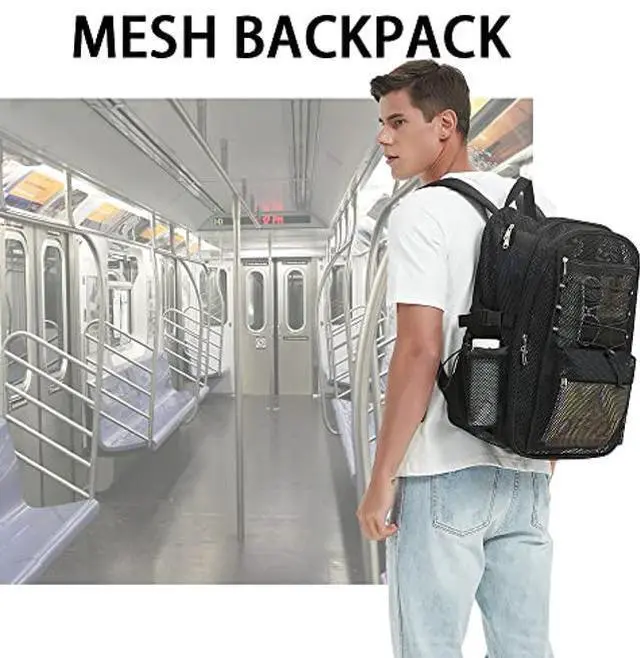 Alt view image 5 of 5 - UEASE Mesh Backpack Heavy Duty for School, 30L Large Mesh Bookbag for Adults, See Through Black School Bag with Laptop Pocket for Work Swimming Beach Fitness Sport