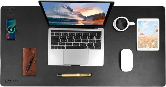 Main image of Wireless Charging Mouse Pad with for Desktop Charging Large Desk Mat 36"x17" Waterproof Black Leather Computer Mat Mousepad Non-Slip Protector on Top of Desks for Keyboard and Mouse(Black-L)