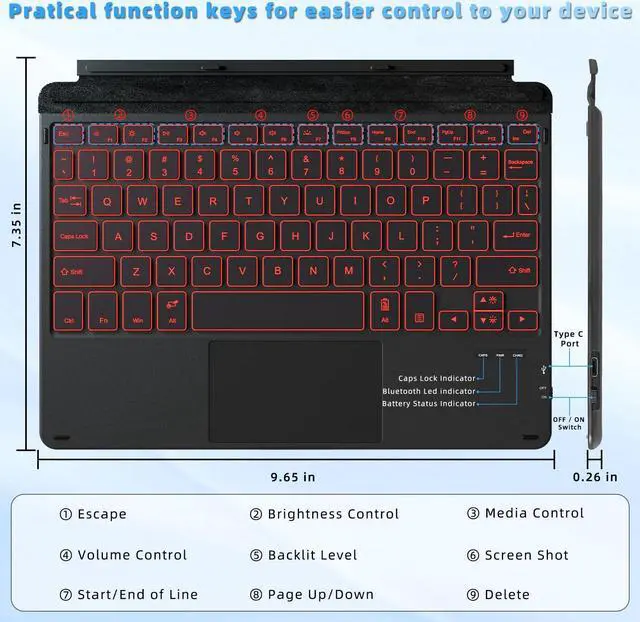 Alt view image 3 of 5 - Qulose Keyboard Case for Surface Go (3/2/1) - Black, 7 Color Backlight, Magnetic Detachable, Rechargeable Bluetooth Keyboard with Trackpad