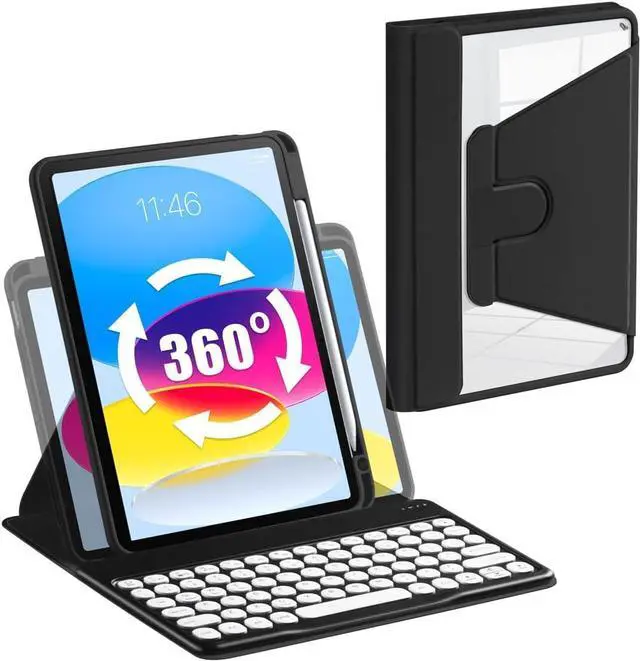 Main image of AnMengXinLing Keyboard Case for Galaxy Tab S9 Plus/ S9 FE Plus 5G 12.4 Inch with S Pen HolderRotating Clear Cover Case with Detachable Round Keys Keyboard for Galaxy Tablet S9+/S9 FE+, Black