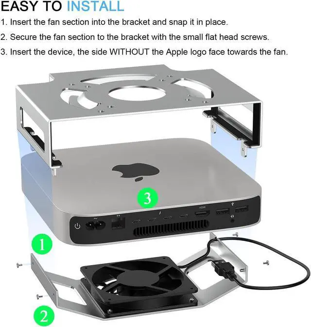 Alt view image 2 of 5 - Mac mini Cooling Fan Mount, IFCASE Behind Monitor, Under Desk, Wall Mount Cooling Fan Stand for Mac mini 2010 to 2023 M2, Compatible VESA Holder with Anti-Scratch Pad (Silver)