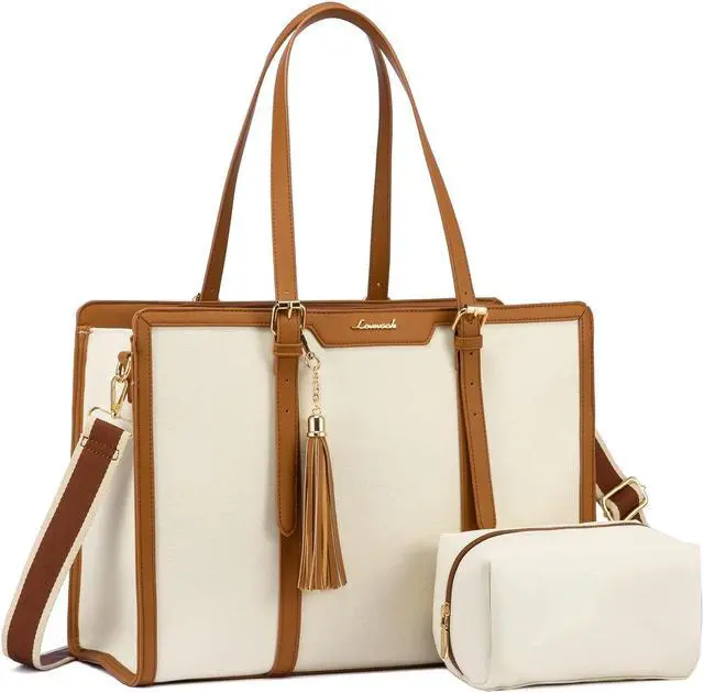 Main image of LOVEVOOK Laptop Bag for Women - 15.6 inch Lightweight Canvas Laptop Tote, Large Capacity Computer Bag with Clutch Purse for Business, Work, Travel, School, Casual Beige