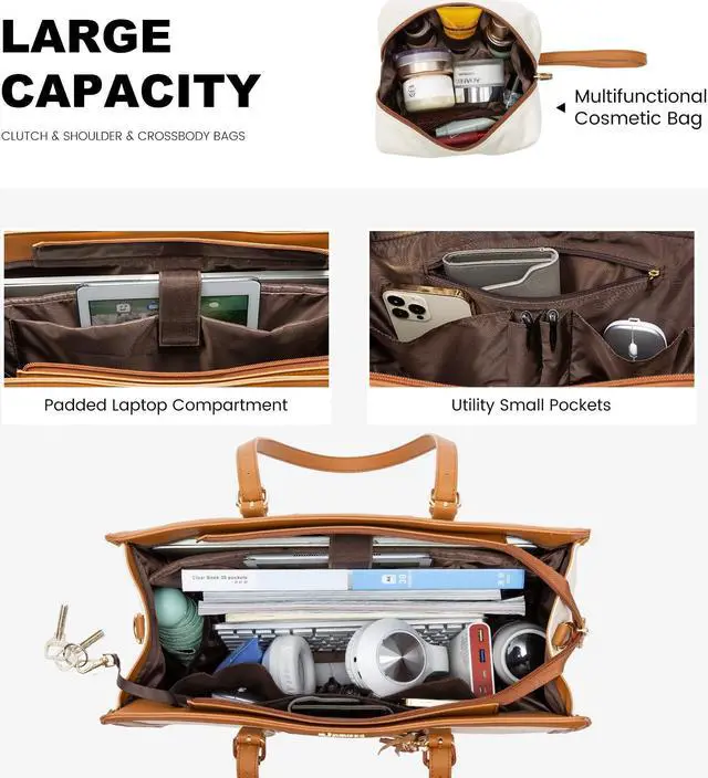 Alt view image 3 of 5 - LOVEVOOK Laptop Bag for Women - 15.6 inch Lightweight Canvas Laptop Tote, Large Capacity Computer Bag with Clutch Purse for Business, Work, Travel, School, Casual Beige
