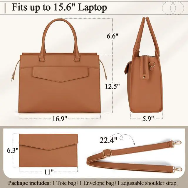 Alt view image 3 of 5 - Laptop Bag for Women 15.6 inch Leather Tote Bag 2pcs Set Professional Work Bag with Clutch Purse Large Office Computer Tote Teacher Purse Shoulder Bag, Brown