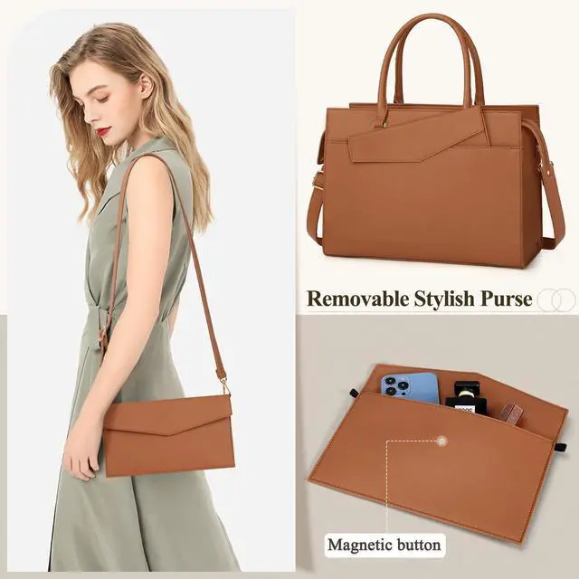 Alt view image 4 of 5 - Laptop Bag for Women 15.6 inch Leather Tote Bag 2pcs Set Professional Work Bag with Clutch Purse Large Office Computer Tote Teacher Purse Shoulder Bag, Brown