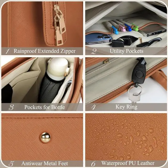 Alt view image 5 of 5 - Laptop Bag for Women 15.6 inch Leather Tote Bag 2pcs Set Professional Work Bag with Clutch Purse Large Office Computer Tote Teacher Purse Shoulder Bag, Brown