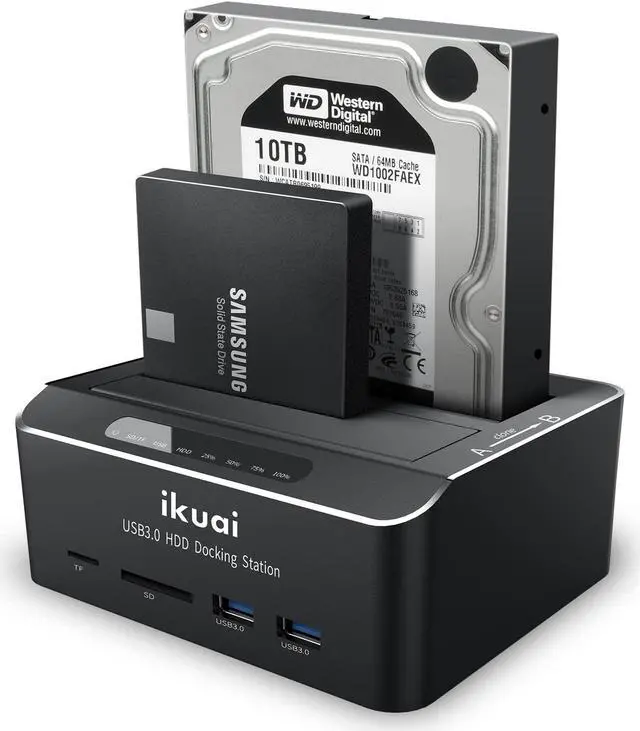 Main image of ikuai SATA to USB 3.0 Dual Bay Hard Drive Dock for 2.5"/3.5" SATA HDD SSD with Micro SD Card Reader 2 USB 3.0 Port, Offline Clone Function External Hard Drive Docking Station, 2X20TB and UASP Support