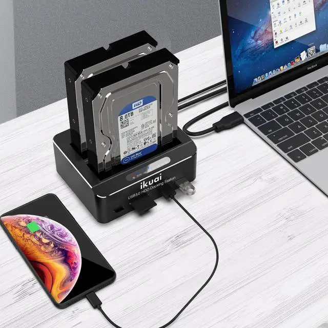 Alt view image 5 of 5 - ikuai SATA to USB 3.0 Dual Bay Hard Drive Dock for 2.5"/3.5" SATA HDD SSD with Micro SD Card Reader 2 USB 3.0 Port, Offline Clone Function External Hard Drive Docking Station, 2X20TB and UASP Support
