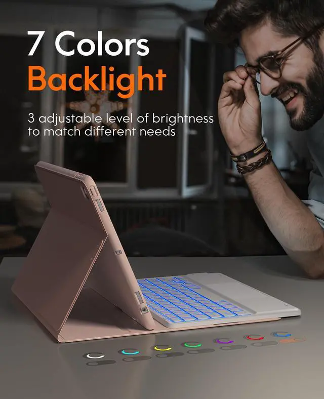 Alt view image 4 of 5 - CHESONA for iPad 9th Generation Case with Keyboard, 7 Color Backlit, Multi-Touch Trackpad, Built-in Pencil Holder, 2 Wireless Channels, Flip Stand Keyboard Case for iPad 9th/8th/7th Gen 10.2 Pink
