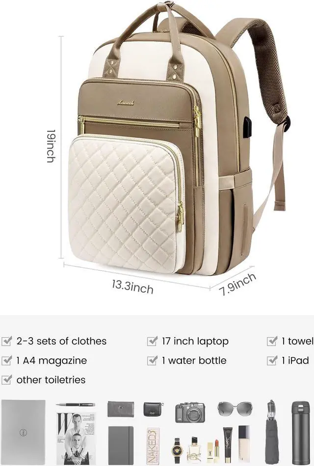 Alt view image 2 of 5 - LOVEVOOK Laptop Backpack Purse for Women, 17" Laptop Bag with USB Port, Water Resistant Lightweight Daypacks for College Travel Work Business, Nurse Teacher Computer Bags, Khaki Beige