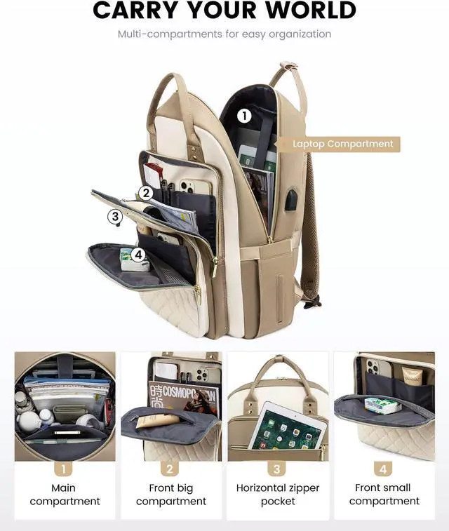 Alt view image 3 of 5 - LOVEVOOK Laptop Backpack Purse for Women, 17" Laptop Bag with USB Port, Water Resistant Lightweight Daypacks for College Travel Work Business, Nurse Teacher Computer Bags, Khaki Beige