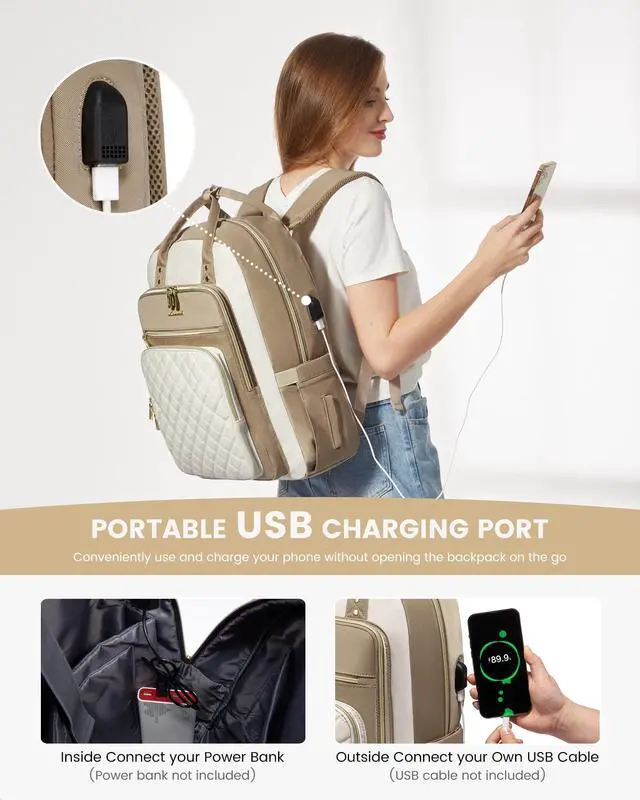 Alt view image 4 of 5 - LOVEVOOK Laptop Backpack Purse for Women, 17" Laptop Bag with USB Port, Water Resistant Lightweight Daypacks for College Travel Work Business, Nurse Teacher Computer Bags, Khaki Beige