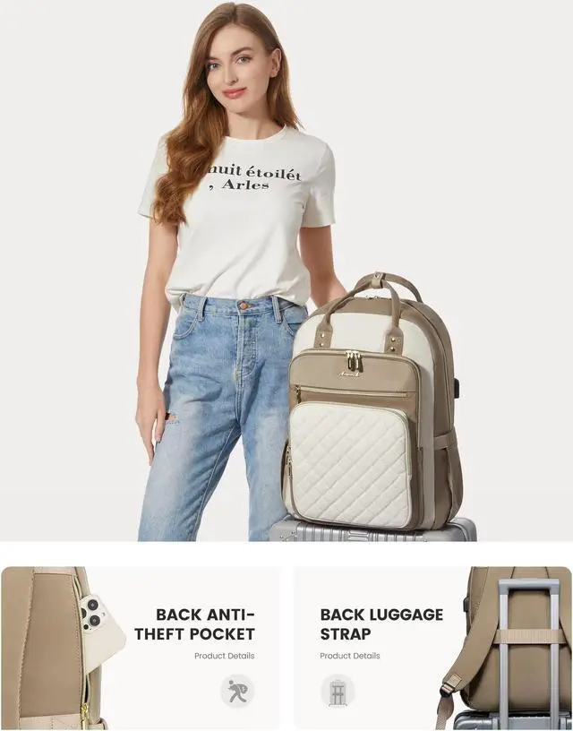 Alt view image 5 of 5 - LOVEVOOK Laptop Backpack Purse for Women, 17" Laptop Bag with USB Port, Water Resistant Lightweight Daypacks for College Travel Work Business, Nurse Teacher Computer Bags, Khaki Beige