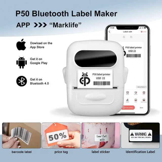 Alt view image 3 of 5 - HYBSK P50 Label Maker Direct Thermal Printer + 4 Rolls 50x30mm Removable Printer Thermal Label Paper