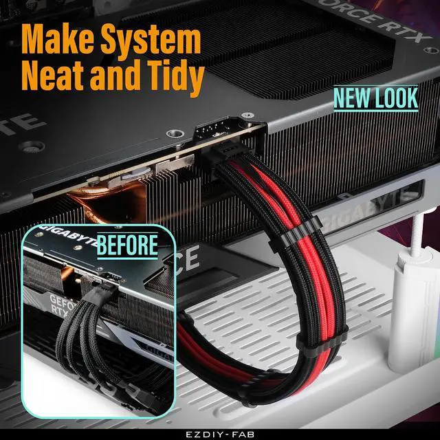 Alt view image 2 of 5 - EZDIY-FAB GPU Power Sleeved Cable Extension, 16pin(12+4) 12VHPWR PCIe 5.0 Connector Male to 4X PCIE 8 PIN for RTX 3090Ti/RTX4090/RTX4080, with Pre-Installed Cable Combs-16AWG/Black Red