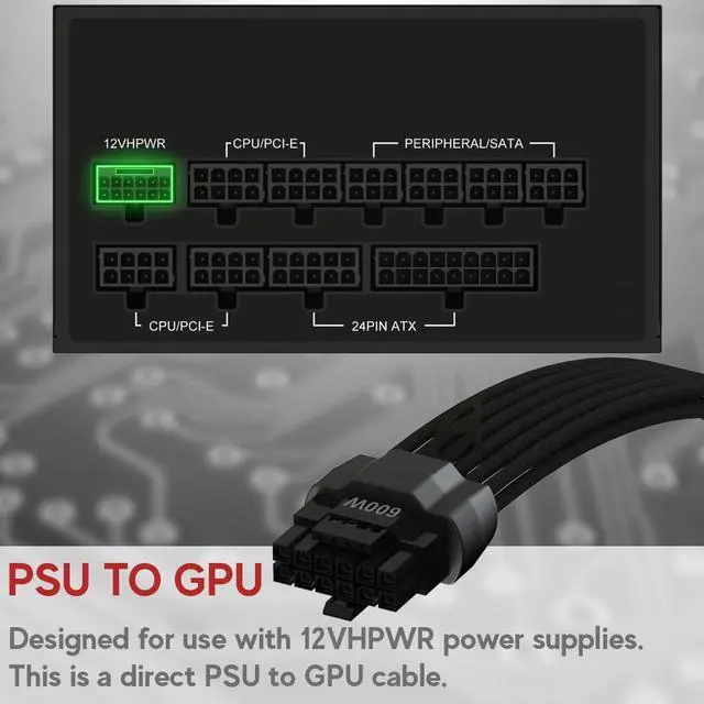 Alt view image 3 of 5 - LINKUP - AVA 600W PCIE 5.0 16Pin (12+4) High Current Power Cable|16AWG, Molded, Soldered & Sleeved Type|for 4x8Pin PCIE 4.0 PSU|Compatible with RTX40 & RTX30 FE GPUs|45cm Black