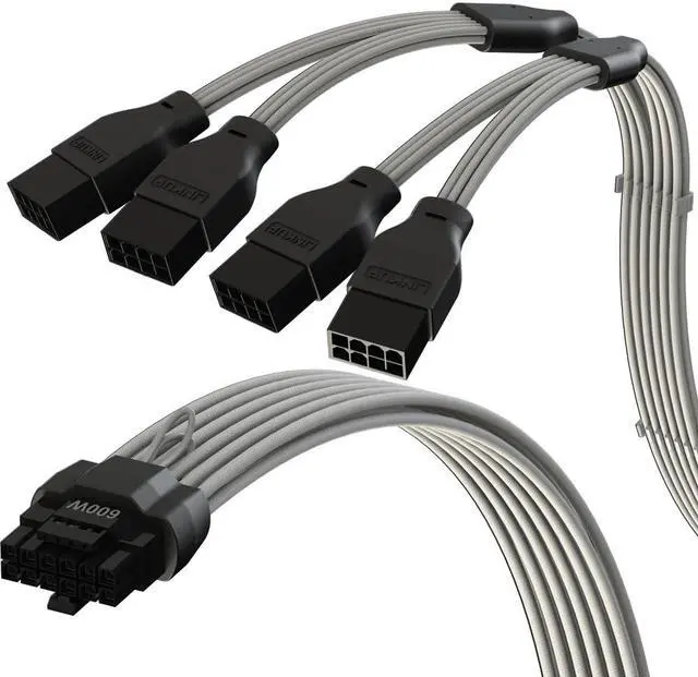 Main image of LINKUP - AVA 600W PCIE 5.0 16Pin (12+4) High Current Power Cable | 16AWG, Molded, Soldered & Sleeved Type | for 4x8Pin PCIE 4.0 PSU | Compatible with RTX50 RTX40 RTX30 FE GPUs | 45cm White