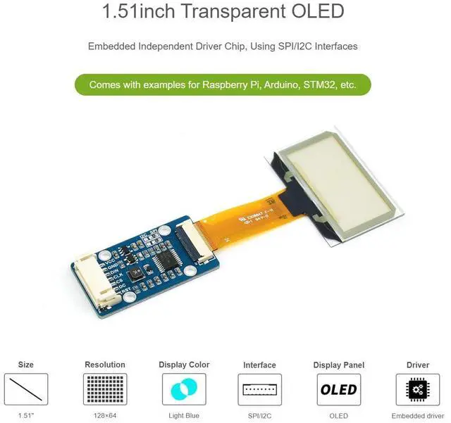 Alt view image 2 of 5 - waveshare for Raspberry Pi/Arduino/STM32, 1.51" Transparent OLED Screen with Expansion Board, 128x64 Pixels Light Blue Color Display,3.3V / 5V Voltage Embedded Chip, SPI/I2C Interfaces