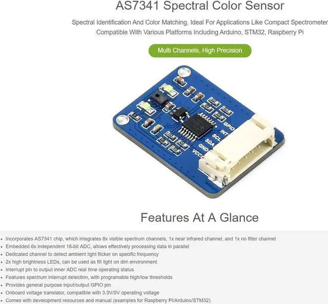 Alt view image 4 of 5 - Waveshare AS7341 Spectral Color Sensor Visible Spectrum Sensor High Precision I2C Bus Compatible with Raspberry Pi 5/4B/3B/Zero/Zero W/Zero 2W/Pico/Pico W/Pico WH