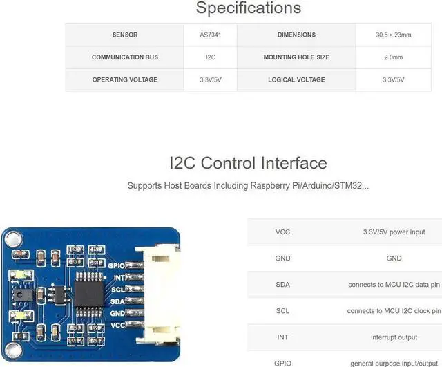 Alt view image 5 of 5 - Waveshare AS7341 Spectral Color Sensor Visible Spectrum Sensor High Precision I2C Bus Compatible with Raspberry Pi 5/4B/3B/Zero/Zero W/Zero 2W/Pico/Pico W/Pico WH