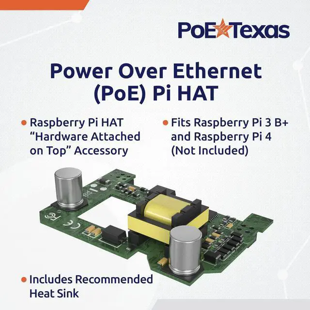 Alt view image 2 of 5 - PoE Texas Raspberry Pi PoE Hat - Power Over Ethernet PiHat Fits Raspberry Pi 3 B+ and Pi 4 - Slim, Sleek, Compact, Heat Sink, Fanless - Works with Active 802.3af PoE Network Switch or 48v PoE Injector