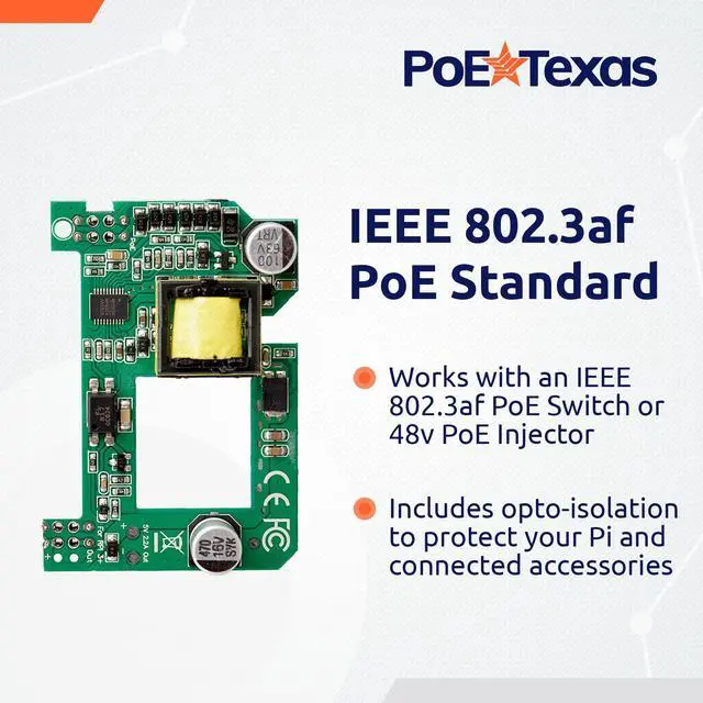 Alt view image 3 of 5 - PoE Texas Raspberry Pi PoE Hat - Power Over Ethernet PiHat Fits Raspberry Pi 3 B+ and Pi 4 - Slim, Sleek, Compact, Heat Sink, Fanless - Works with Active 802.3af PoE Network Switch or 48v PoE Injector