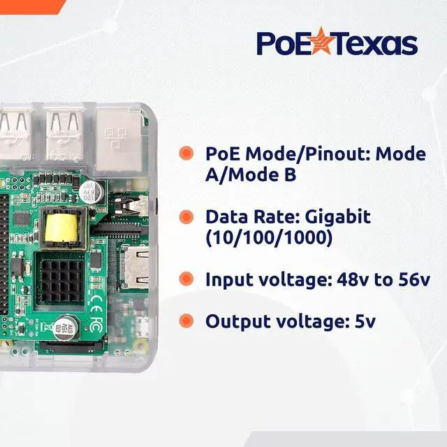 Alt view image 4 of 5 - PoE Texas Raspberry Pi PoE Hat - Power Over Ethernet PiHat Fits Raspberry Pi 3 B+ and Pi 4 - Slim, Sleek, Compact, Heat Sink, Fanless - Works with Active 802.3af PoE Network Switch or 48v PoE Injector