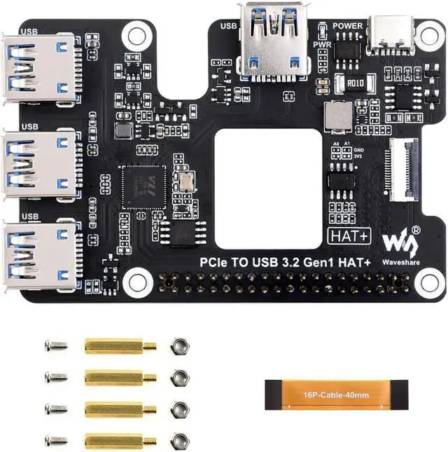 Main image of Waveshare PCIe to USB 3.2 Gen1 HAT for Raspberry Pi 5, PCIe to USB HUB, 4X High Speed USB Ports, No Driver Required, Plug and Play, HAT + Standard