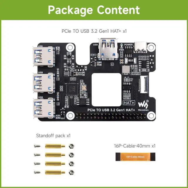 Alt view image 2 of 5 - Waveshare PCIe to USB 3.2 Gen1 HAT for Raspberry Pi 5, PCIe to USB HUB, 4X High Speed USB Ports, No Driver Required, Plug and Play, HAT + Standard