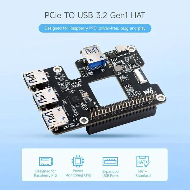 Alt view image 3 of 5 - Waveshare PCIe to USB 3.2 Gen1 HAT for Raspberry Pi 5, PCIe to USB HUB, 4X High Speed USB Ports, No Driver Required, Plug and Play, HAT + Standard