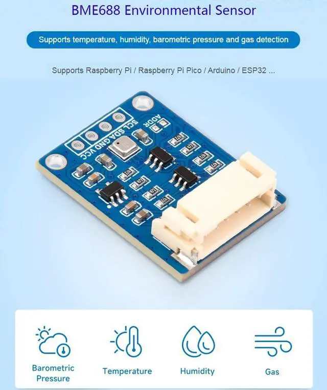 Alt view image 2 of 5 - BME688 Environmental Sensor with AI Function, Supports Temperature/Humidity/Barometric Pressure/Gas Detection, I2C and SPI, Support Raspberry Pi/Raspberry Pi Pico/Arduino / ESP32,etc.