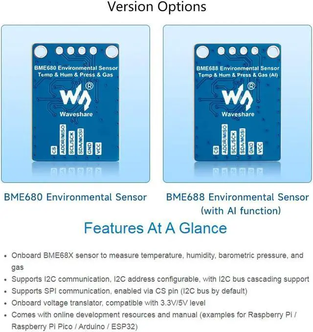 Alt view image 3 of 5 - BME688 Environmental Sensor with AI Function, Supports Temperature/Humidity/Barometric Pressure/Gas Detection, I2C and SPI, Support Raspberry Pi/Raspberry Pi Pico/Arduino / ESP32,etc.