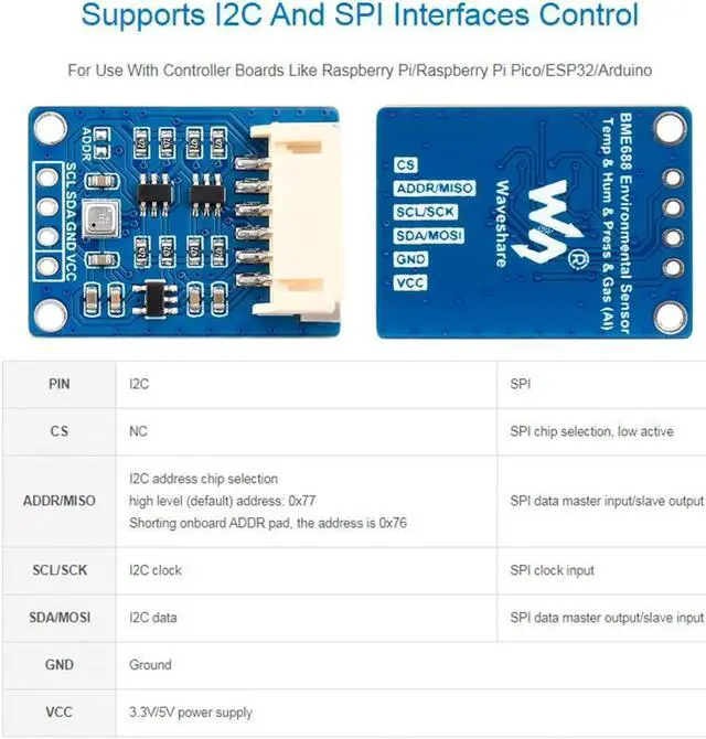 Alt view image 4 of 5 - BME688 Environmental Sensor with AI Function, Supports Temperature/Humidity/Barometric Pressure/Gas Detection, I2C and SPI, Support Raspberry Pi/Raspberry Pi Pico/Arduino / ESP32,etc.
