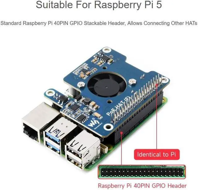 Alt view image 3 of 5 - waveshare Power Over Ethernet HAT PoE HAT with Metal Heatsink for Raspberry Pi 5, Onboard Cooling Fan, Supports 802.3af/at Network, 12V and 5V Power Outputs Easy for More Peripherals