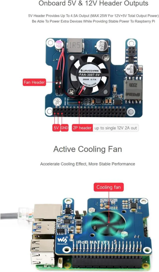Alt view image 2 of 5 - waveshare Power Over Ethernet HAT PoE HAT with Metal Heatsink for Raspberry Pi 5, Onboard Cooling Fan, Supports 802.3af/at Network, 12V and 5V Power Outputs Easy for More Peripherals