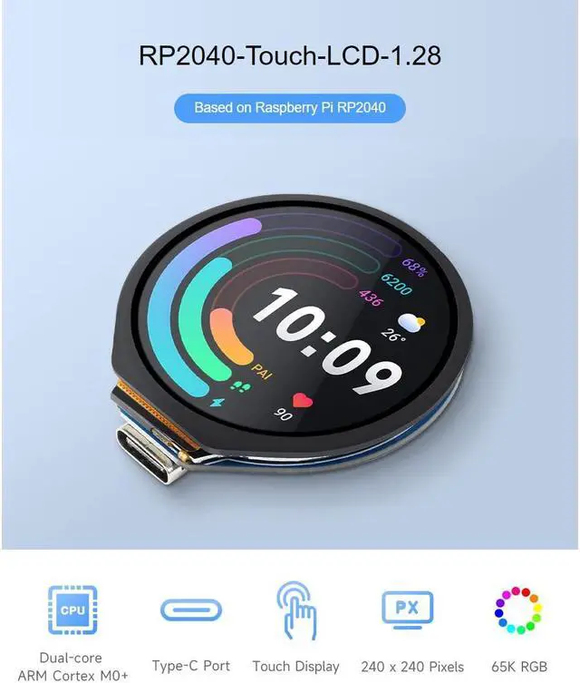 Alt view image 2 of 5 - waveshare RP2040 MCU Board with 1.28inch Round Touch LCD 240×240 Pixels 65K RGB Color IPS Display, Based on Raspberry Pi RP2040, Onboard Compact Size, Accelerometer and Gyroscope Sensor