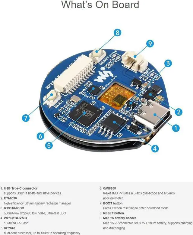 Alt view image 4 of 5 - waveshare RP2040 MCU Board with 1.28inch Round Touch LCD 240×240 Pixels 65K RGB Color IPS Display, Based on Raspberry Pi RP2040, Onboard Compact Size, Accelerometer and Gyroscope Sensor