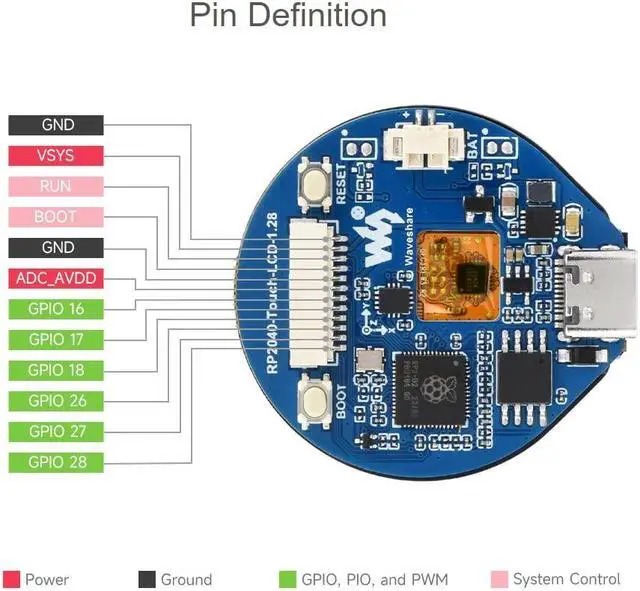 Alt view image 5 of 5 - waveshare RP2040 MCU Board with 1.28inch Round Touch LCD 240×240 Pixels 65K RGB Color IPS Display, Based on Raspberry Pi RP2040, Onboard Compact Size, Accelerometer and Gyroscope Sensor