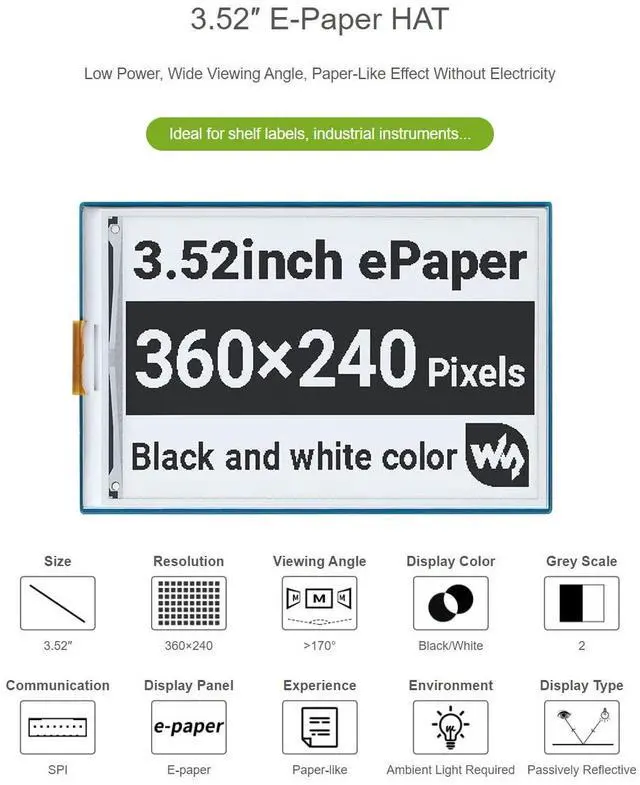 Alt view image 3 of 5 - Waveshare 3.52inch E-Paper HAT Compatible with Raspberry Pi 4B/3B+/3B/2B/B+/A+/Zero/Zero W/WH/Zero 2W Supports Jetson Nano 360 x 240 Resolution SPI Interface Black/White Dual Colors