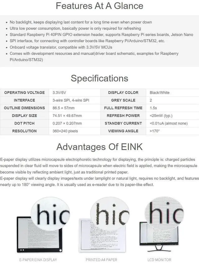 Alt view image 4 of 5 - Waveshare 3.52inch E-Paper HAT Compatible with Raspberry Pi 4B/3B+/3B/2B/B+/A+/Zero/Zero W/WH/Zero 2W Supports Jetson Nano 360 x 240 Resolution SPI Interface Black/White Dual Colors