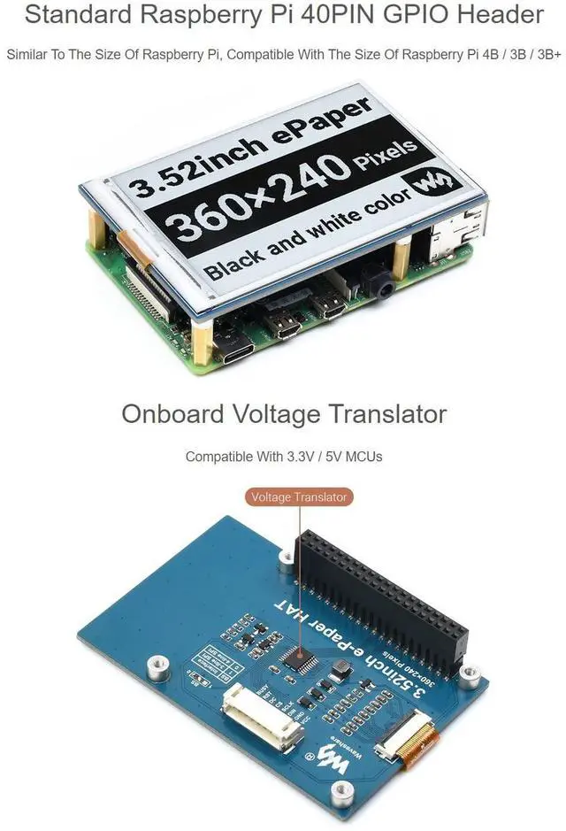 Alt view image 5 of 5 - Waveshare 3.52inch E-Paper HAT Compatible with Raspberry Pi 4B/3B+/3B/2B/B+/A+/Zero/Zero W/WH/Zero 2W Supports Jetson Nano 360 x 240 Resolution SPI Interface Black/White Dual Colors